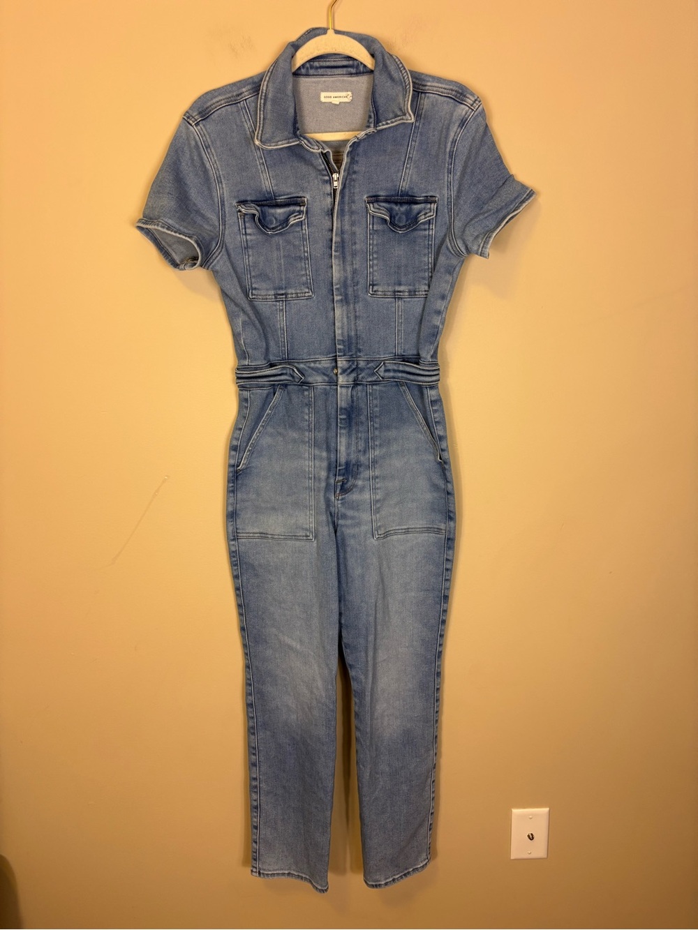 Good American Light Blue Denim Short-Sleeve One-Piece Jumpsuit 3 = Large 8-10